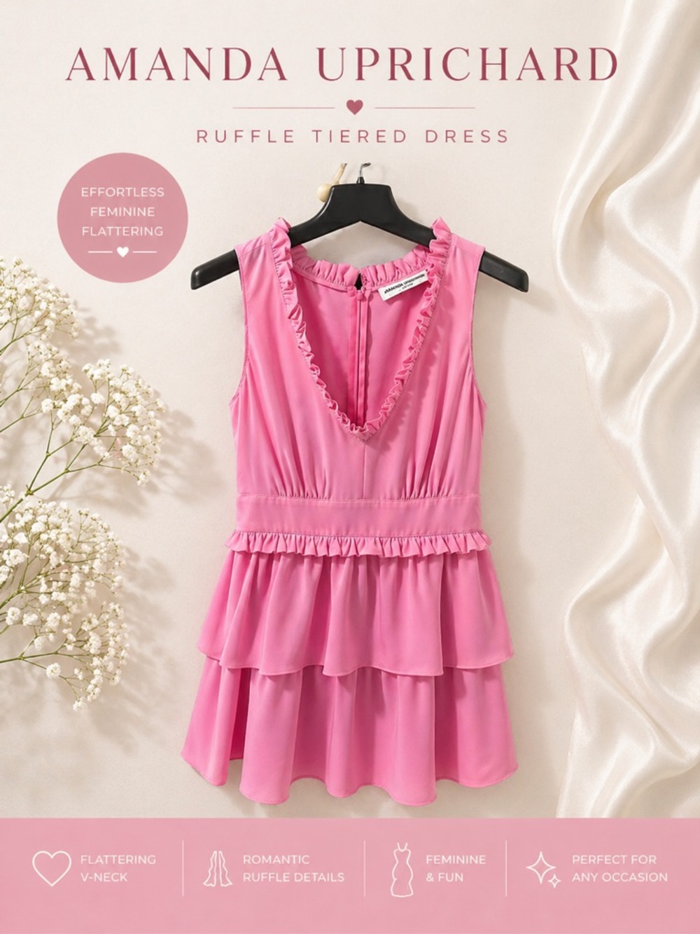 Amanda Uprichard Pink Ruffle V-Neck Tiered Peplum Tank